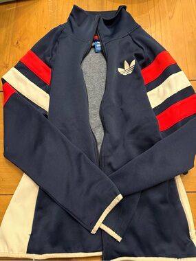 adidas Navy Track Jacket with Red and White Sleeve Stripes and Trefoil